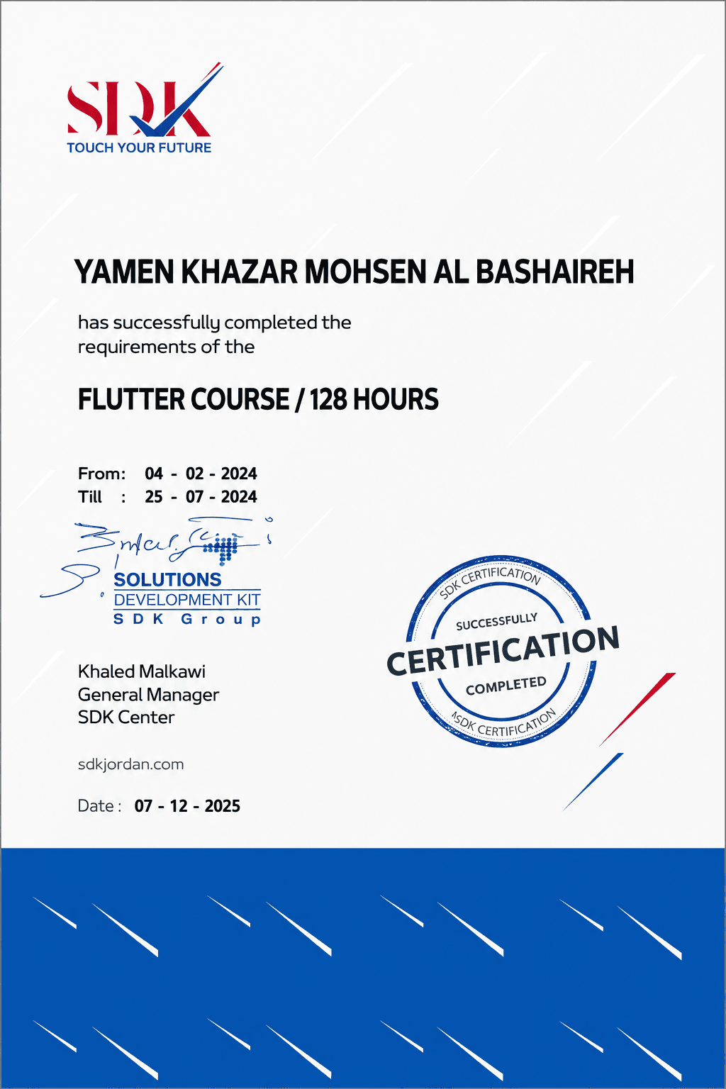 Flutter Development certificate from SDK Training Center