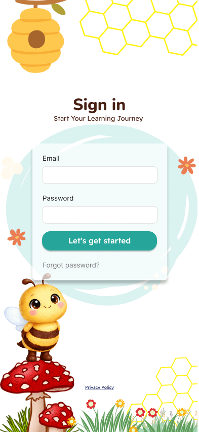 Bee Stories sign-in screen with email and password fields