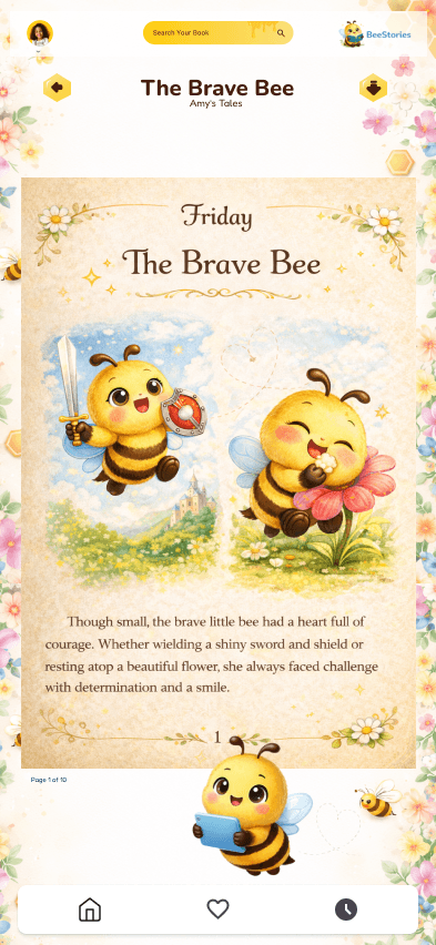 Bee Stories illustrated story page from "The Brave Bee" with page navigation