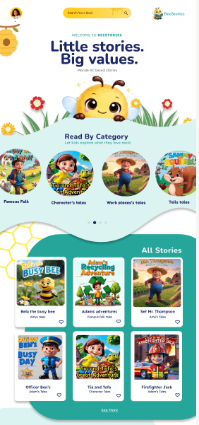 Bee Stories home screen showing the welcome message, story categories, and the story catalog