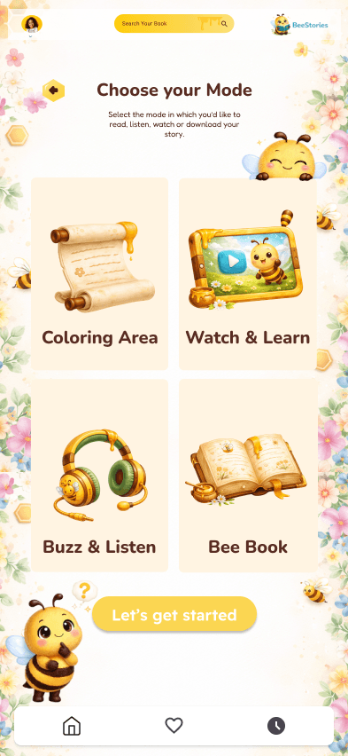 Bee Stories mode-selection screen for reading, watching, listening to, or coloring a story