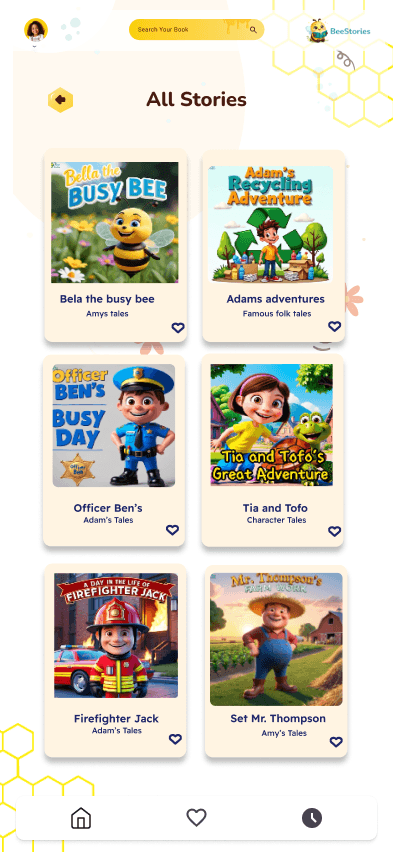 Bee Stories library screen showing a grid of available stories